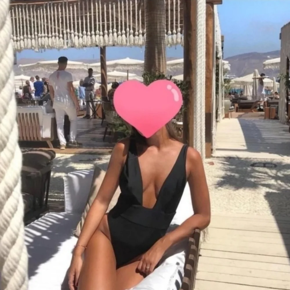 New Black V-neck low Back One Piece Swimsuit Size M